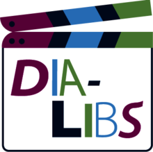Logo des DIA-LIBS Projekts. Eine Filmklappe auf der in großen Buchstaben "DIA-LIBS" steht bildet das Logo ab.