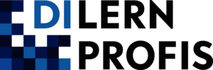 Logo des Projekts "DiLernProfis". Der linke Rans besteht aus vielen kleinen Quadraten in unterschiedlichen Blautänen. Rechts oberhalb der Quadarate steht in großen hellblauen Buchstaben "DI". Daneben schließt sich in Schwarz "LERN" als Wort an. Versetzt darunter steht ebenfalls in Schwarz "PROFIS".