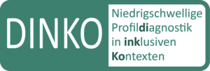 Logo des DINKO Projekts. In einem Rechteck mit abgerundeten Ecken steht Links in großen Buchstaben "DINKO". Rechts steht in einem separaten Kasten "Niedrigschwellige Profildiagnostik in inklusiven Kontexten.