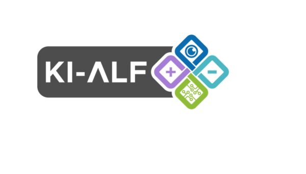 Das Logo des Projekts KI-ALF. Die Worte "KI-ALF" in weißer Schrift auf schwarzem Hintergrund. Daneben bunte Rauten mit verschiedenen Symbolen.