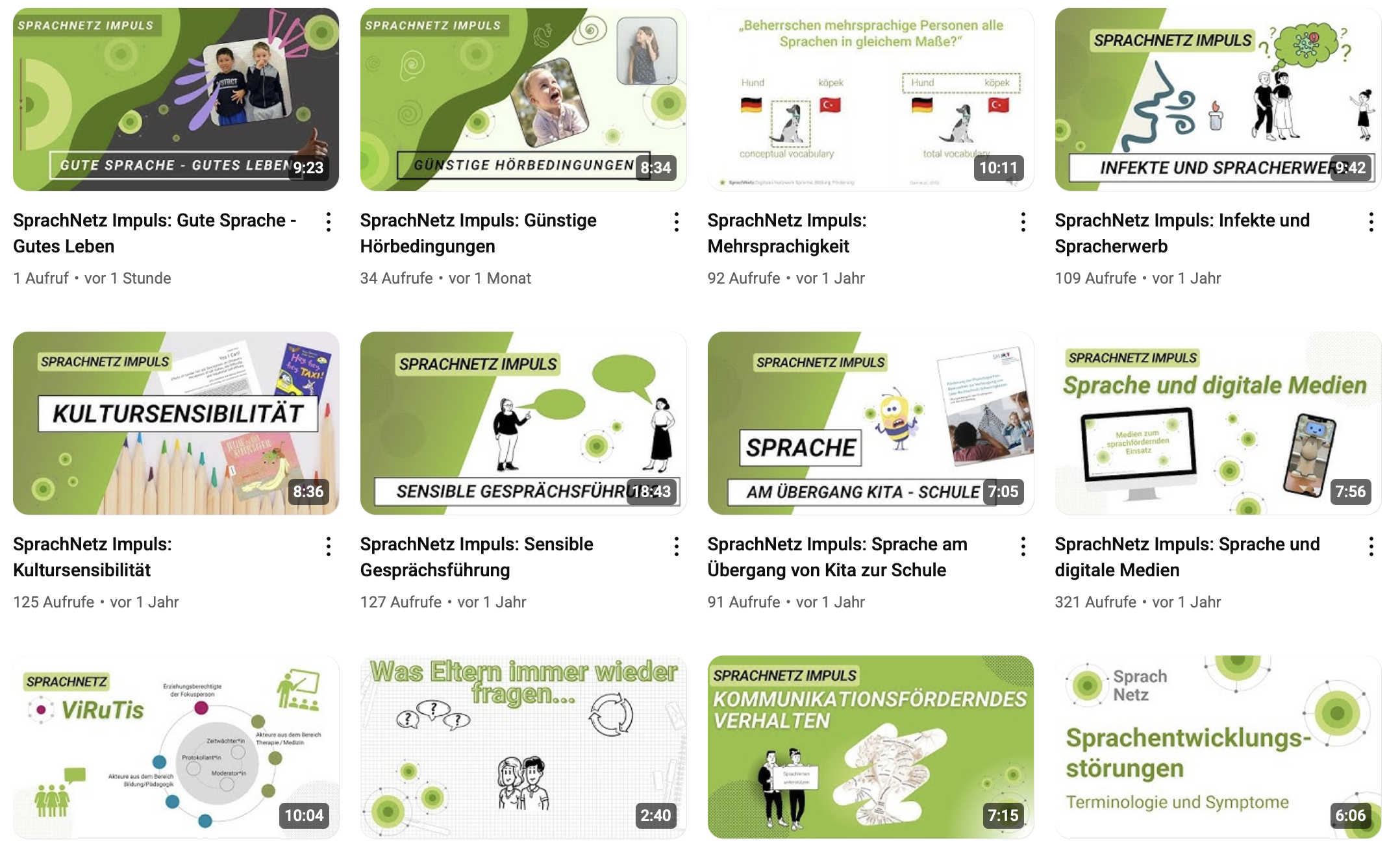 Screenshot des YouTube-Kanals „SprachNetz“. Zu sehen sind Vorschaubilder von Lernvideos mit Titeln wie Gute Sprache – Gutes Leben, Günstige Hörbedingungen Kultursensibilität, Sensible Gesprächsführung, Sprache und digitale Medien“ sowie Sprachentwicklungsstörungen
