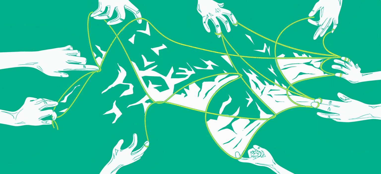 Illustrazione_08_verde-3-jpg-1-1536×702 Illustration zur Tagung: weiß gezeichnete Hände, die vor einem grünen Hintergrund einen gelben Faden spannen.