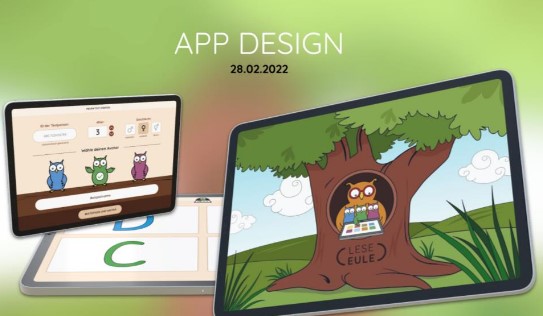 Das Bild zeigt das Design der EuLe-F-App mit zwei Screens von mobilen Endgeräten.
