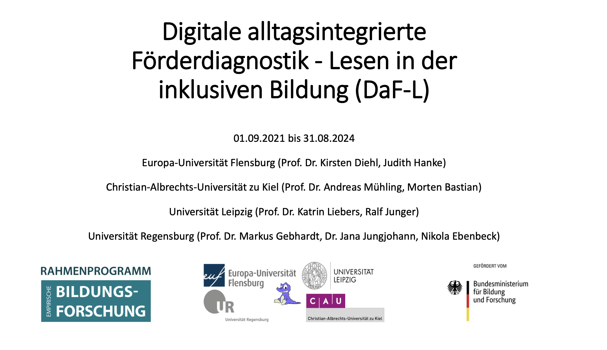Das Bild zeigt die Titelseite der Präsentation: Digitale alltagsintegrierte Förderdiagnostik - Lesen in der inklusiven Bildung (DaF-L).