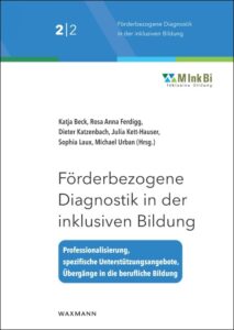 Die Grafik zeigt das Cover des Bandes 2 in der Reihe "Förderbezogene Diagnostik in der inklusiven Bildung". Das Cover ist weiß mit hellblauem Kopf, darunter ist das MInkBi-Logo zu sehen. Der Titel "Professionalisierung – spezifische Unterstützungsangebote – Übergänge in die berufliche Bildung" ist unter dem Übertitel in weißer Schrift auf hellblauem Untergrund zu sehen.