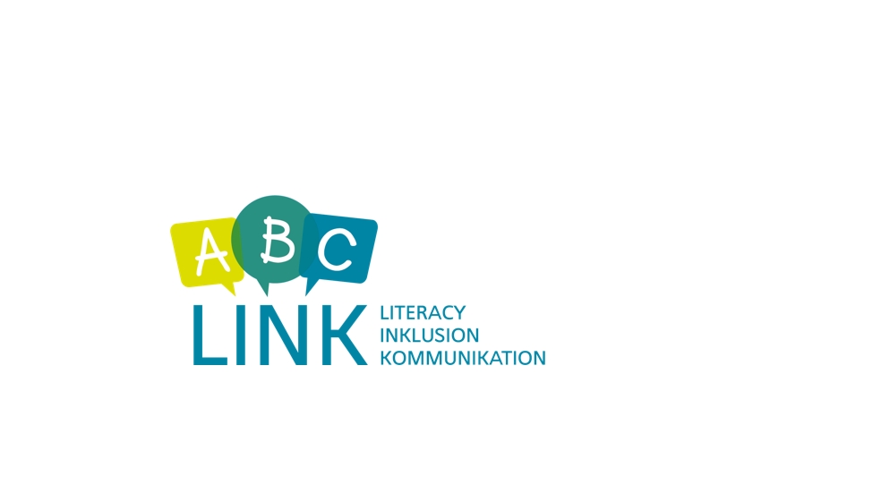 Logo des Projekts LINK: Die Buchstaben A, B, C in bunten Kästen, darunter der Schriftzug "LINK", daneben die Langform "LITERACY INKLUSION KOMMUNIKATION"
