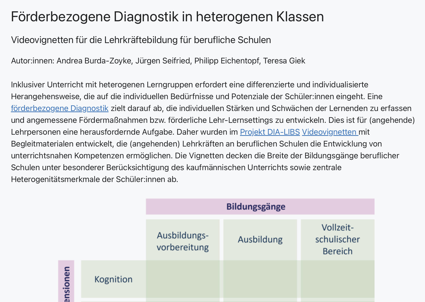 Das Bild zeigt den Titel „Förderbezogene Diagnostik in heterogenen Klassen“ mit einem erklärenden Text zur Bedeutung individueller Diagnostik im inklusiven Unterricht. Unten ist eine Tabelle mit Bildungsbereichen (Ausbildungsvorbereitung, Ausbildung, Vollzeitschulischer Bereich) und Heterogenitätsdimensionen (Kognition, Sprache, Verhalten) dargestellt.