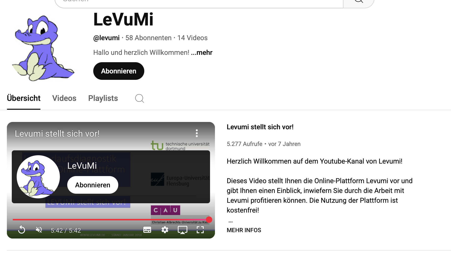 Das Bild zeigt die Startseite des YouTube-Kanals „LeVuMi“. Oben links ist das Logo mit einem lila Drachen zu sehen. Darunter wird das Einführungsvideo „Levumi stellt sich vor!“ angezeigt. Rechts daneben stehen Informationen zum Video sowie ein Begrüßungstext zur Plattform, die kostenlos genutzt werden kann.