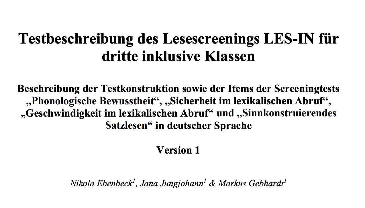 Das Bild zeigt das Deckblatt der Testbeschreibung zum Lesescreening LES-IN für dritte inklusive Klassen, mit Fokus auf phonologische Bewusstheit, lexikalischen Abruf und sinnkonstruktives Satzlesen.