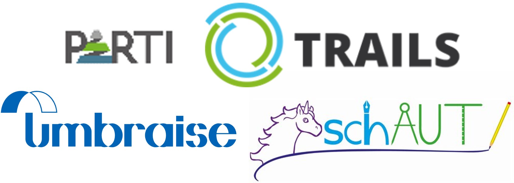 Das Bild zeigt die Logos der Projekte, die sich mit sozial-emotionalen Bedarfen befassen: PARTI, TRAILS, umbraise und schAUT.