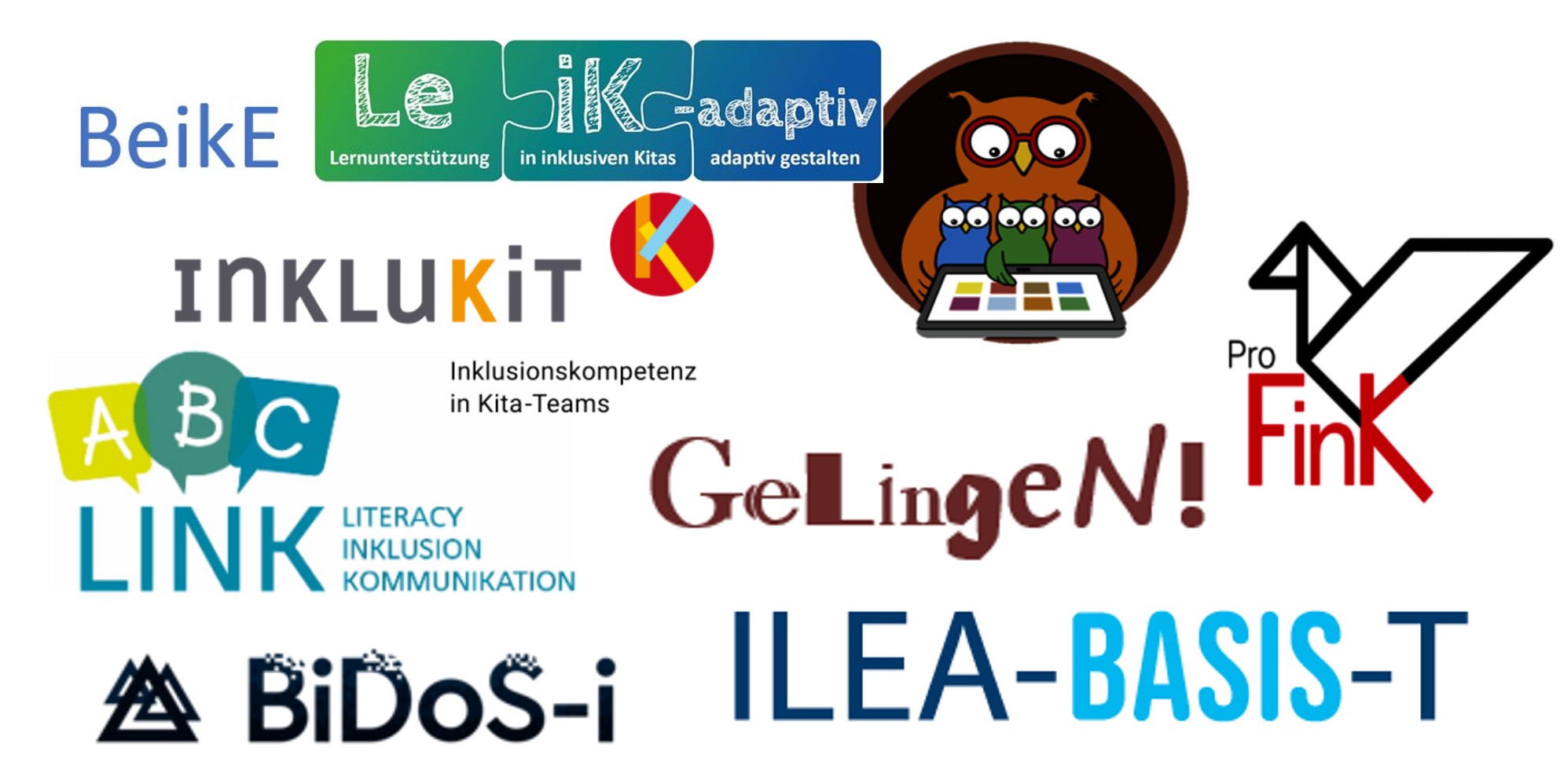 Das Bild zeigt die Logos der Frühe Bildung-Projekte: BeikE, BiDoS-i, EuLe-F, Gelingen!, ILEA-Basis-T, InkluKiT, Leik-adaptiv, LINK, ProFink