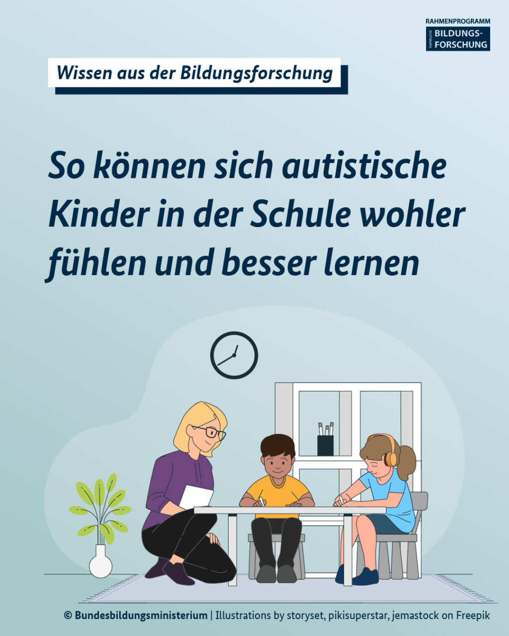 Die Grafik zeigt das Cover der neuen Ausgabe von "Wissen aus der Bildungsforschung" mit dem Titel "So können sich autistische Kinder in der Schule wohler fühlen und besser lernen". Darunter ist eine Szenerie abgebildet, in der ein Junge und ein Mädchen zusammen mit einer Frau am Tisch sitzen und lernen. Copyright: Bundesbildungsministerium