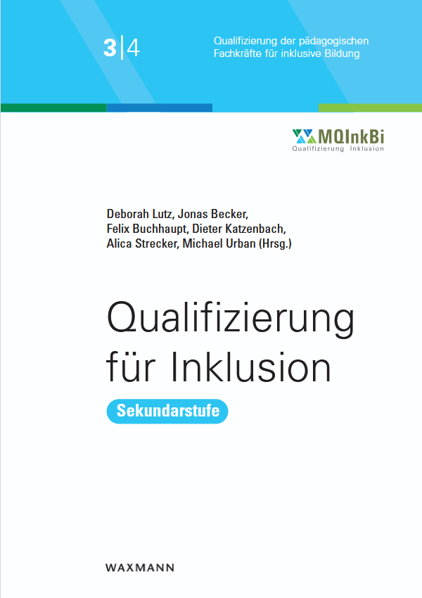 Die Grafik zeigt das Cover des Bandes 1 in der Reihe "Qualifizierung für Inklusion". Das Cover ist weiß mit hellblauem Kopf, darunter ist das MInkBi-Logo zu sehen. Der Übertitel "Qualifizierung für Inklusion" ist in schwarzer Schrift auf weißem Untergrund zu sehen. Der Untertitel "Elementarbereich" ist in weißer Schrift auf hellblauem Untergrund zu sehen.