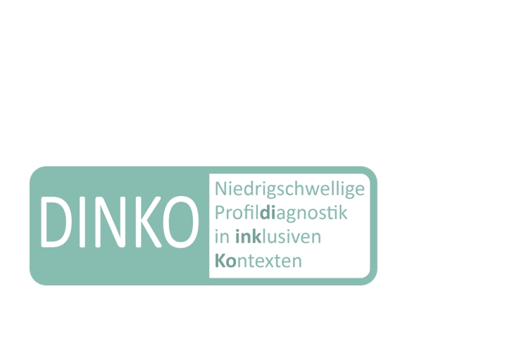 Das Wort "DINKO" in weißer Schrift auf graphitgrauem Hintergrund. Daneben die Worte "Niedrigschwellige Profildiagnostik in inklusiven Kontexten" in einem weißen Kasten.