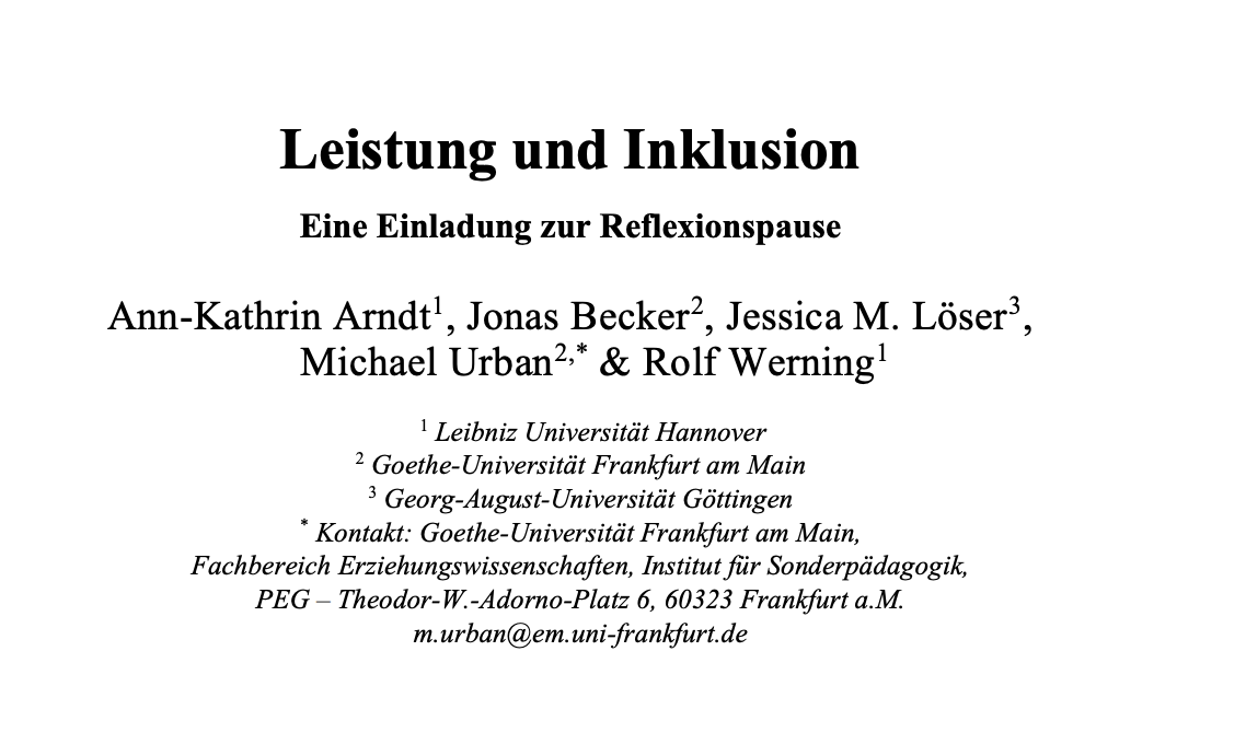 Titelfolie ‚Leistung und Inklusion – Eine Einladung zur Reflexionspause‘ von Arndt et al., Universitäten Hannover, Frankfurt und Göttingen.“