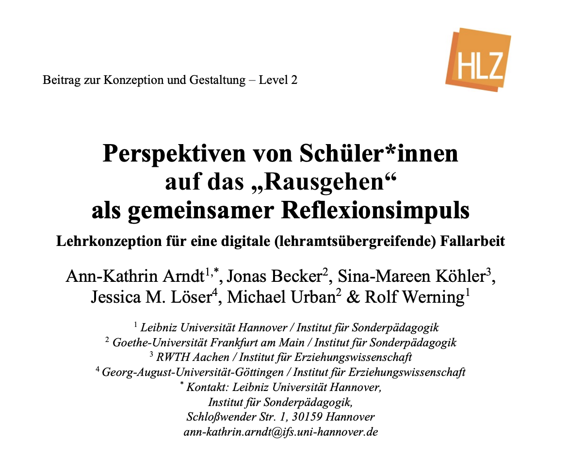 „Titelfolie eines Beitrags mit dem Titel ‚Perspektiven von Schüler*innen auf das „Rausgehen“ als gemeinsamer Reflexionsimpuls – Lehrkonzeption für eine digitale (lehramtsübergreifende) Fallarbeit‘. .