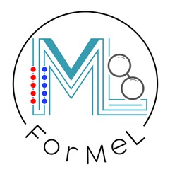 Das Logo des Projekts ForMeL: Ein transparentes M, in das Reihen roter und blauer Punkte und ein türkises v eingebaut sind.