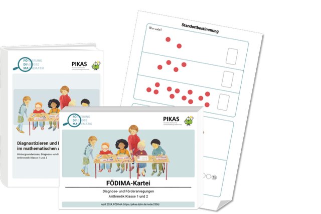 Abbildung zeigt Materialien der FÖDIMA-Kartei (Diagnose und Förderanregungen Arithmetik Klasse 1 und 2) des PIKAS-Projekts. Zu sehen sind ein Karteikasten und ein Heft mit einer Illustration von Kindern, die gemeinsam an einem Tisch arbeiten, sowie ein Arbeitsblatt zur Standortbestimmung mit roten Markierungen.