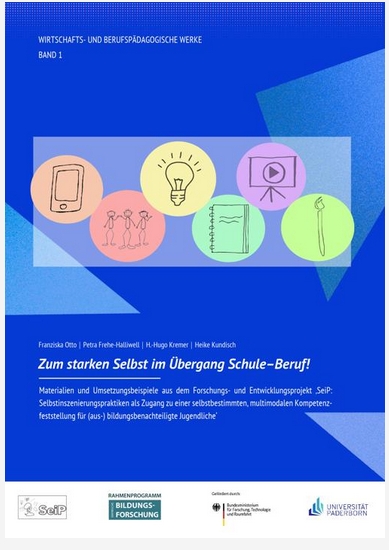 Das Cover der Handreichung mit dem Titel "Zum starken Selbst im Übergang Schule–Beruf! : Materialien und Umsetzungsbeispiele aus dem Forschungs- und Entwicklungsprojekt "SeiP": Selbstinszenierungspraktiken als Zugang zu einer selbstbestimmten, multimodalen Kompetenzfeststellung für (aus-)bildungsbenachteiligte Jugendliche" ist dunkelblau mit hellblauen Dreiecken an den seitlichen und oberen Rändern. Zwischen den Dreiecken ist eine hellblaue Fläche zu sehen, auf der Symbole auf verschiedenfarbigen Kreisen zu sehen sind, unter anderem ein Smartphone. Der Titel der Handreichung befindet sich im unteren Teil des Buchcovers und ist in weißer Schrift gehalten.