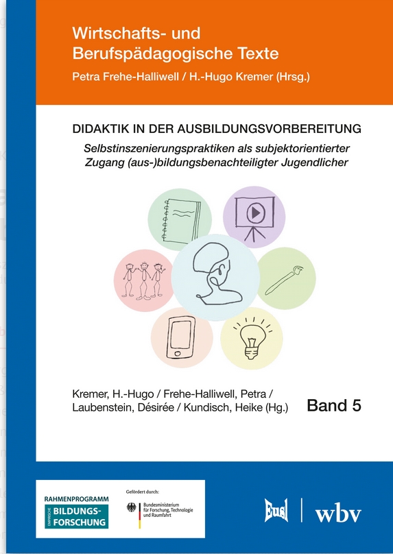 Der Screenshot zeigt das Cover des Sammelbandes "Didaktik in der Ausbildungsvorbereitung Selbstinszenierungspraktiken als subjektorientierter Zugang(aus-)bildungsbenachteiligter Jugendlicher". Der Kopf des Bandes ist auf orangenem Hintergrund in weißer Schrift betitelt mit "Wirtschaftspädagogische Texte" und nennt die Herausgeber:innen. Der Titel des Sammelbandes ist in schwarzer Schrift auf weißem Hintergrund verfasst. Unterhalb des Titels ist das SeiP-Logo zu sehen, außerdem mehre Symbole auf verschiedenfarbigen Hintergründen, u.A. ein Smartphone.