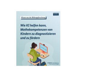 Das Bild zeigt die Illustration einer Frau mit dunkelbraunen Haaren, die sie zu einem Pferdeschwanz gebunden hat. Sie trägt einen hellgrünen Pullover und sitzt vor einem Computerbildschirm.