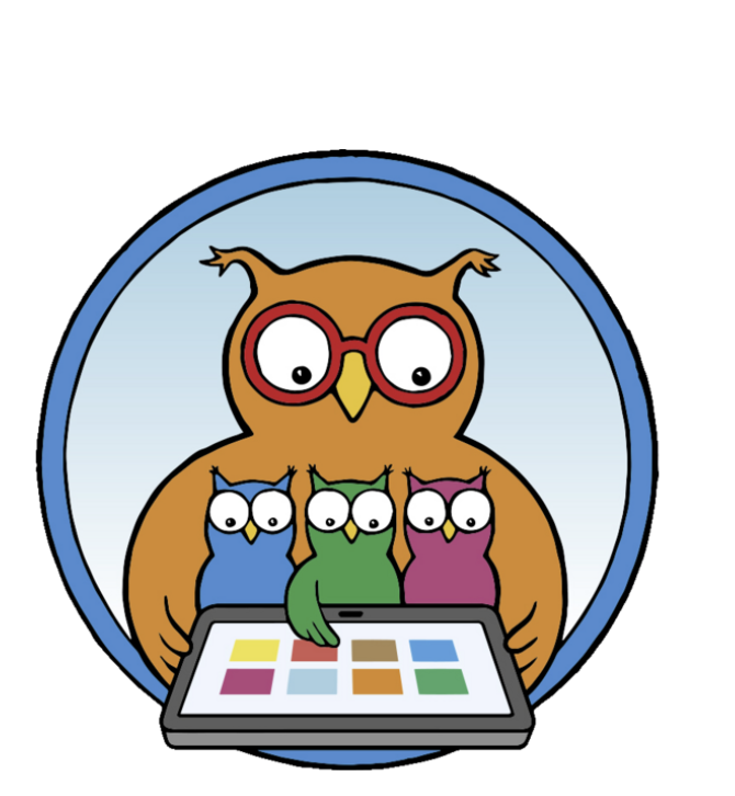 Illustration der EuLe-F App mit 4 Eulenfiguren und Tablet.