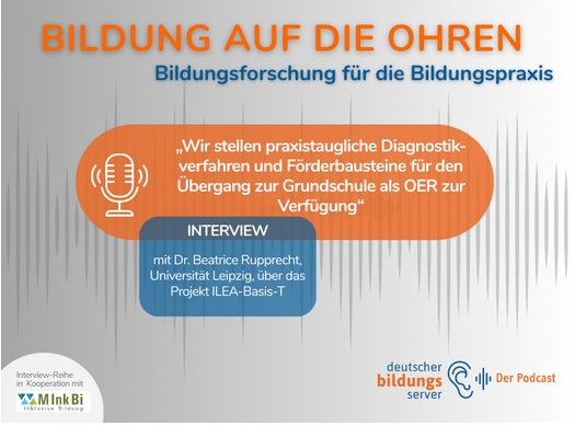 Das Podcast-Logo von "Bildung auf die Ohren" der aktuellen Folge mit dem Projekt "ILEA-BASIS-T": Die Titel in orangener und blauer Schrift auf einem silbernen Hintergrund.