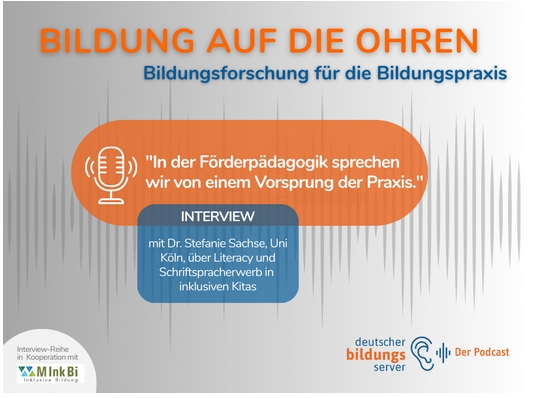Das Podcast-Logo von "Bildung auf die Ohren" der aktuellen Folge mit dem Projekt "LINK": Die Titel in orangener und blauer Schrift auf einem silbernen Hintergrund.