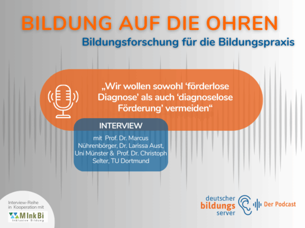 Das Podcast-Logo von "Bildung auf die Ohren" der aktuellen Folge mit dem Projekt "FÖDIMA": Die Titel in orangener und blauer Schrift auf einem silbernen Hintergrund.