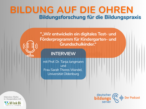 Das Podcast-Logo von "Bildung auf die Ohren" der aktuellen Folge mit dem Projekt "EuLe-F": Die Titel in orangener und blauer Schrift auf einem silbernen Hintergrund.