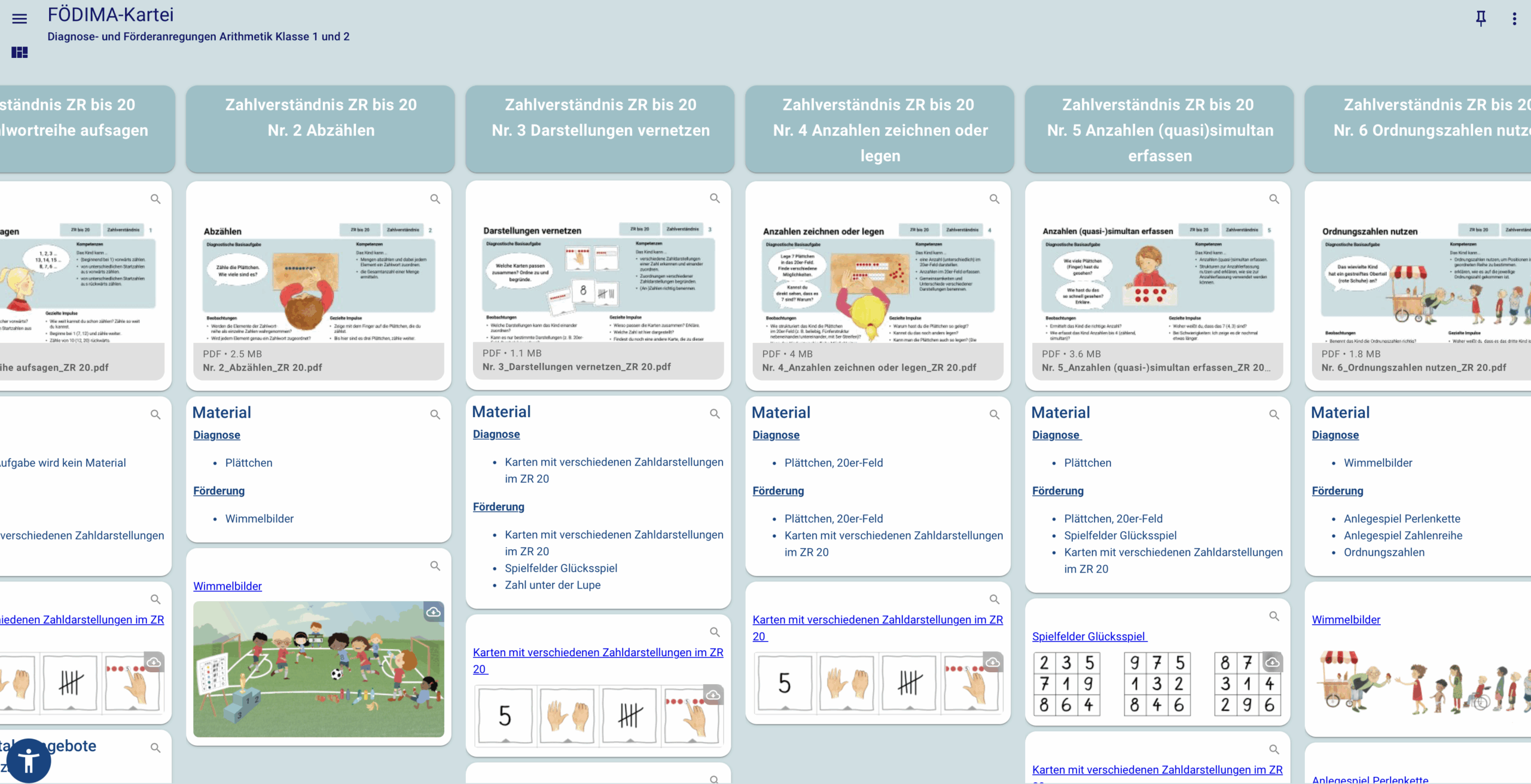 Die Abbildung zeigt viele helle Kacheln mit Materialien von FÖDIMA auf hellblauem Hintergrund. Die Kacheln sind vertikal angeordnet mit der Überschrift Zahlverständnis. Darunter Wimmelbilder und Karten mit verschiedenen Zahlendarstellungen.