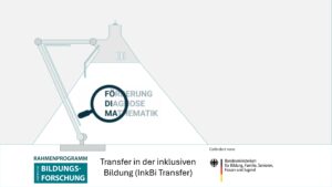 Im Schein einer stilisierten Schreibtischlampe ist das Logo "Förderung, Diagnose und Mathematik zu sehen. Darunter steht "Transfer in der inklusiven Bildung (InkBiTransfer)" und die Logos "Rahmenprogramm empirische Bildungsforschung" und "BMBFSFJ"