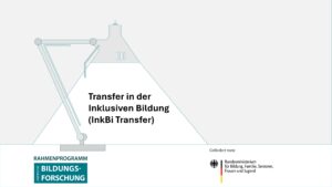 Im Schein einer stilisierten Schreibtischlampe steht "Transfer in der inklusiven Bildung (InkBiTransfer)". Logos "Rahmenprogramm empirische Bildungsforschung" und "BMBFSFJ"