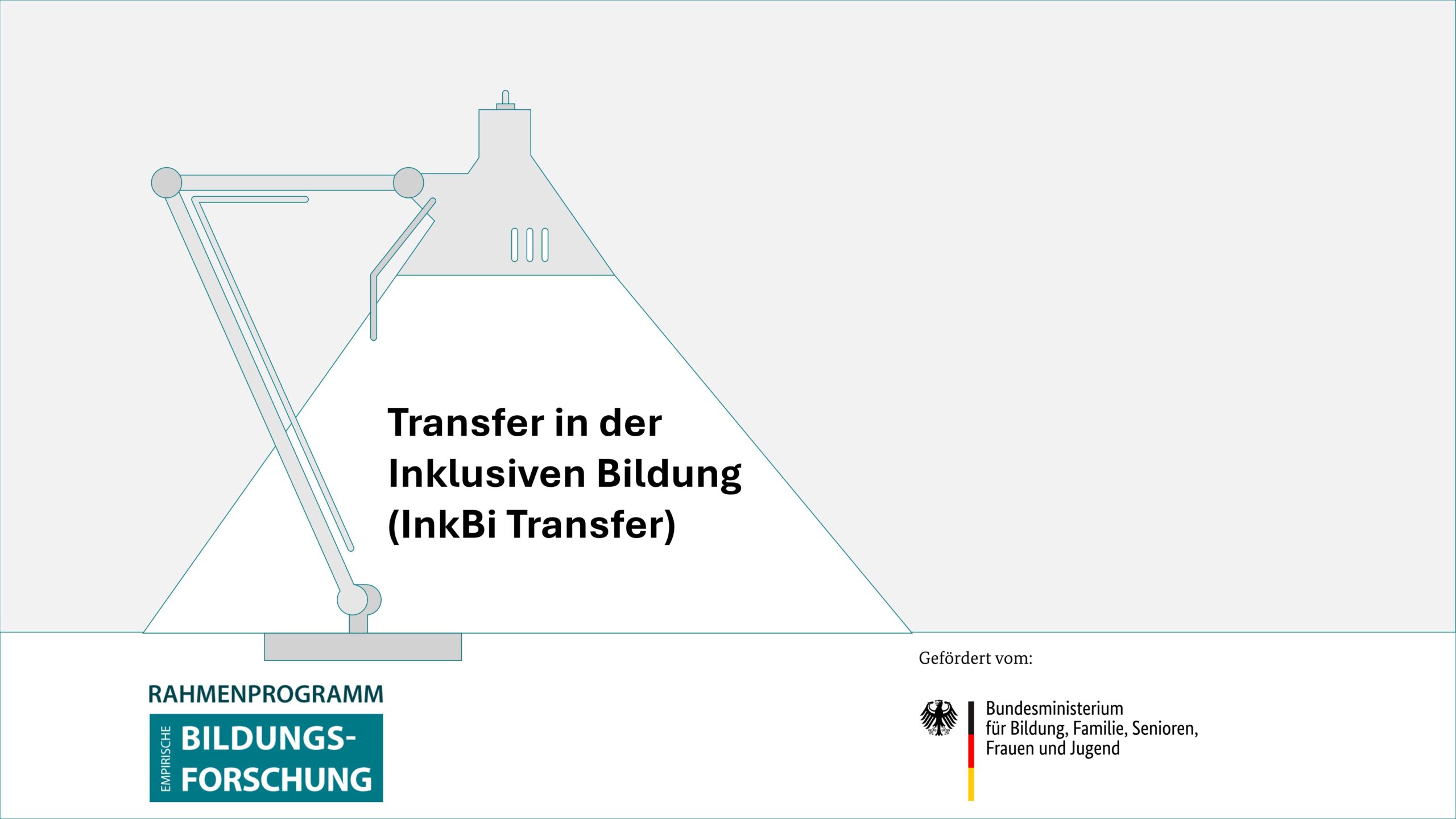 Im Schein einer stilisierten Schreibtischlampe steht "Transfer in der inklusiven Bildung (InkBiTransfer)". Logos "Rahmenprogramm empirische Bildungsforschung" und "BMBFSFJ"