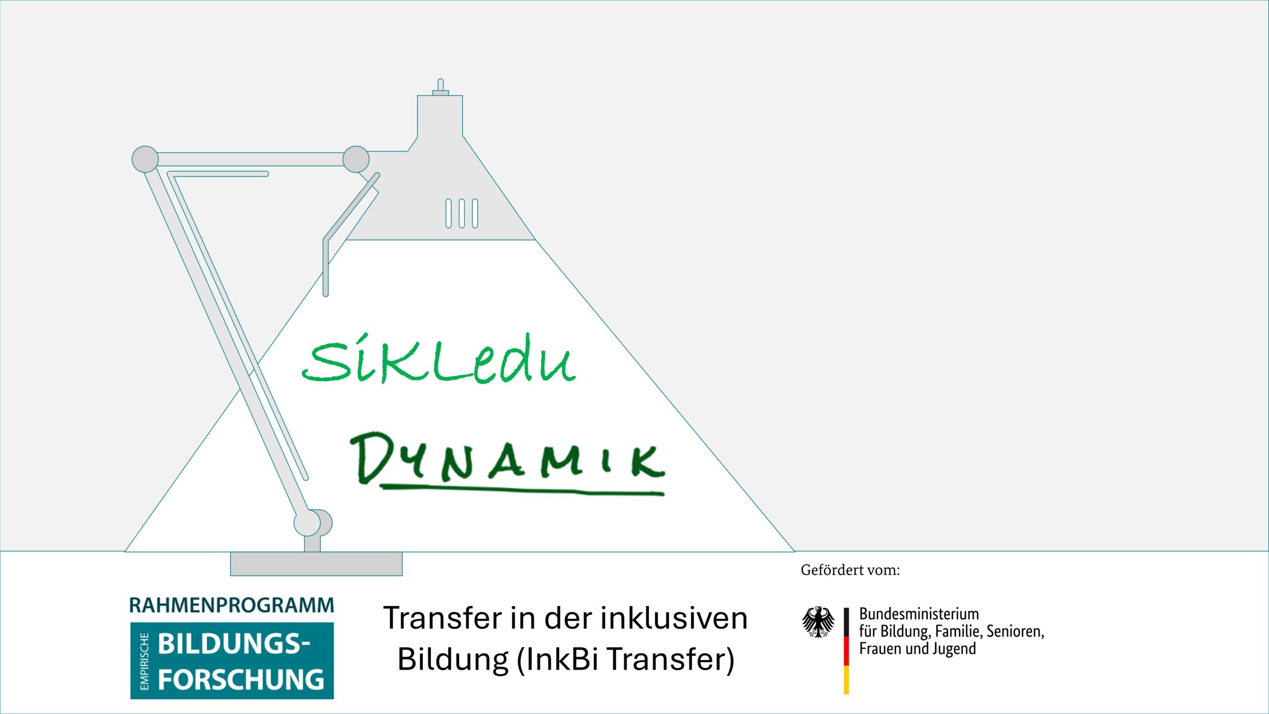 Im Schein einer stilisierten Schreibtischlampe sind die Schriftzüge "Sikledu" und "Dynamik" zu sehen. Darunter steht "Transfer in der inklusiven Bildung (InkBiTransfer)" und die Logos "Rahmenprogramm empirische Bildungsforschung" und "BMBFSFJ"