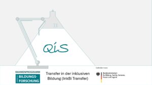 Im Schein einer stilisierten Schreibtischlampe ist das Logo "Qis" zu sehen. Darunter steht "Transfer in der inklusiven Bildung (InkBiTransfer)" und die Logos "Rahmenprogramm empirische Bildungsforschung" und "BMBFSFJ"