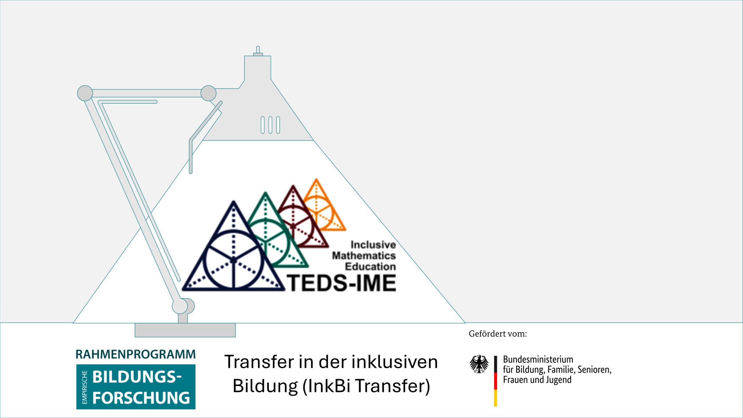 Im Schein einer stilisierten Schreibtischlampe ist das Logo "TEDS-IME" zu sehen. Darunter steht "Transfer in der inklusiven Bildung (InkBiTransfer)" und die Logos "Rahmenprogramm empirische Bildungsforschung" und "BMBFSFJ"