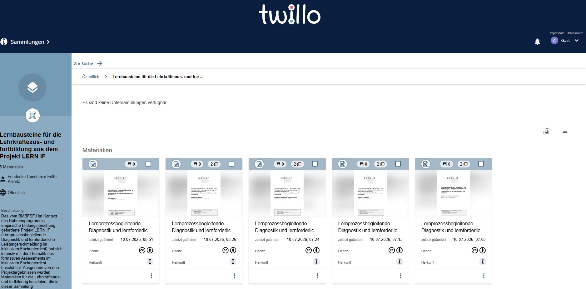 Screenshot der Twillo-Seite mit Materialien aus dem Projekt Lern-if