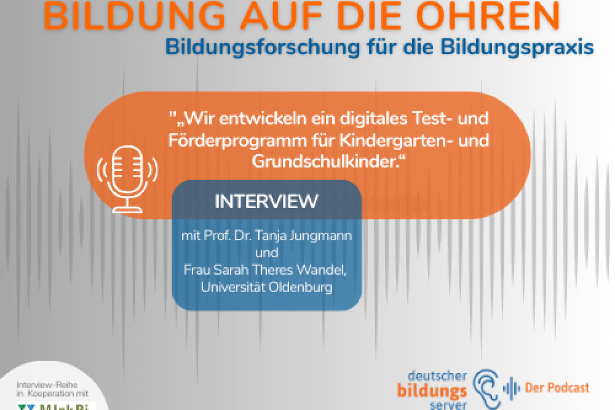 Das Podcast-Logo von "Bildung auf die Ohren" der aktuellen Folge mit dem Projekt "EuLe-F": Die Titel in orangener und blauer Schrift auf einem silbernen Hintergrund.