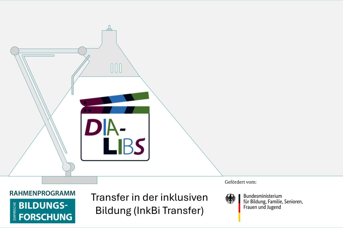 Im Schein einer stilisierten Schreibtischlampe ist das Logo "DIA-LIBS" zusehen. Darunter steht "Transfer in der inklusiven Bildung (InkBiTransfer)" und die Logos "Rahmenprogramm empirische Bildungsforschung" und "BMBFSFJ"