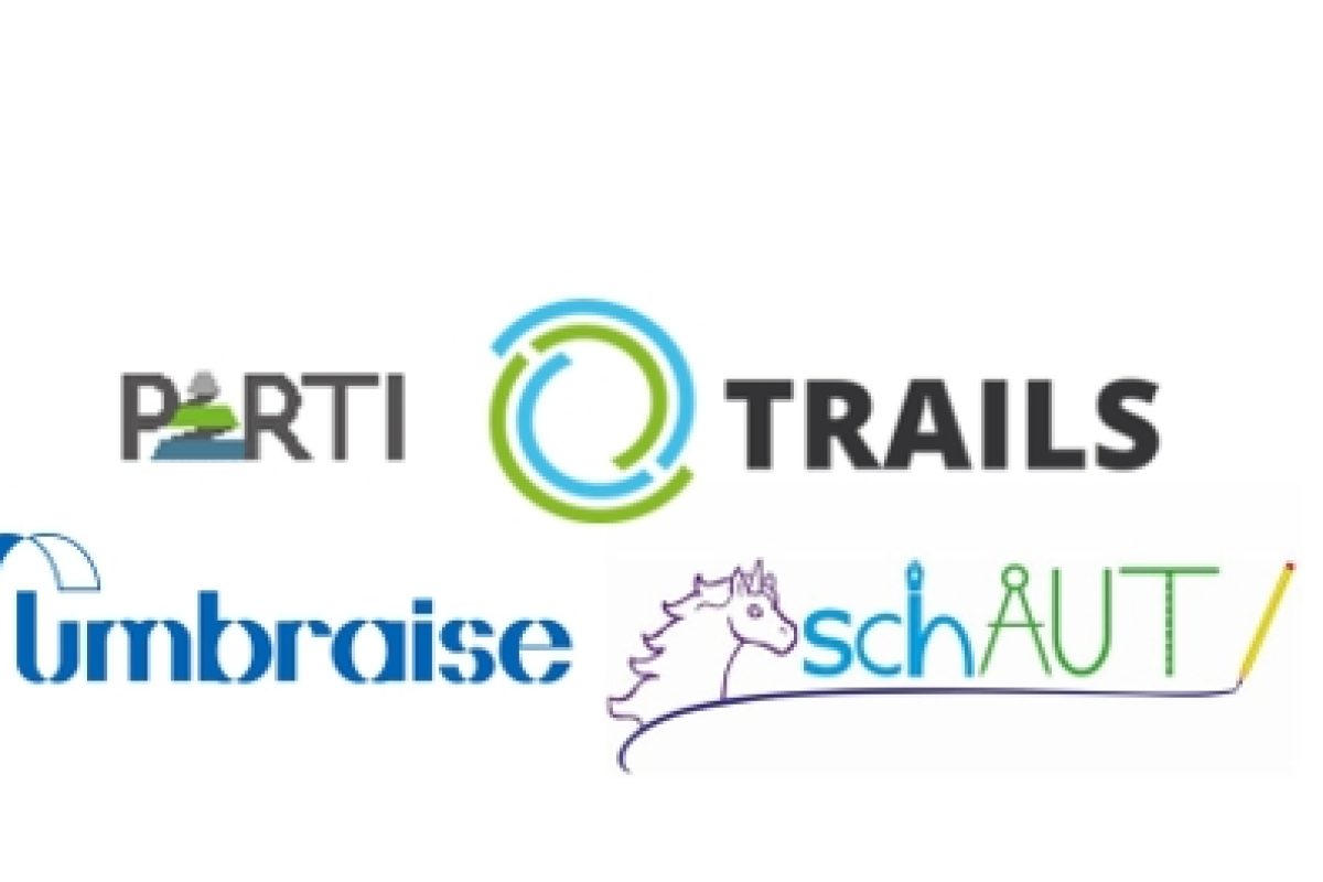 Die Logos der Projekte, die sich mit sozial-emotionalen Bedarfen befassen: PARTI, TRAILS, umbraise und schAUT.