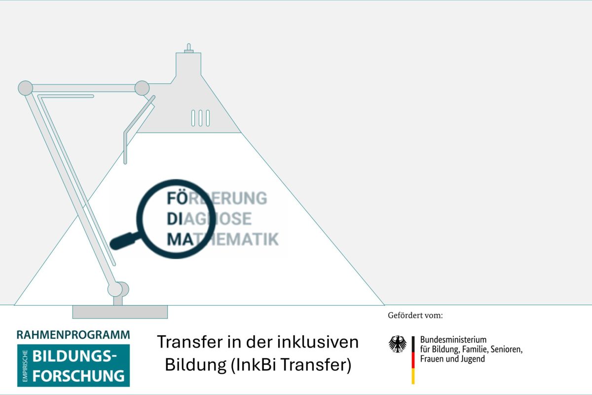Im Schein einer stilisierten Schreibtischlampe ist das Logo "Förderung, Diagnose und Mathematik zu sehen. Darunter steht "Transfer in der inklusiven Bildung (InkBiTransfer)" und die Logos "Rahmenprogramm empirische Bildungsforschung" und "BMBFSFJ"
