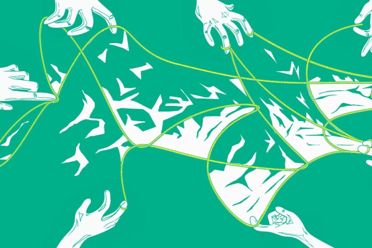 Illustrazione_08_verde-3-jpg-1-1536×702 Illustration zur Tagung: weiß gezeichnete Hände, die vor einem grünen Hintergrund einen gelben Faden spannen.
