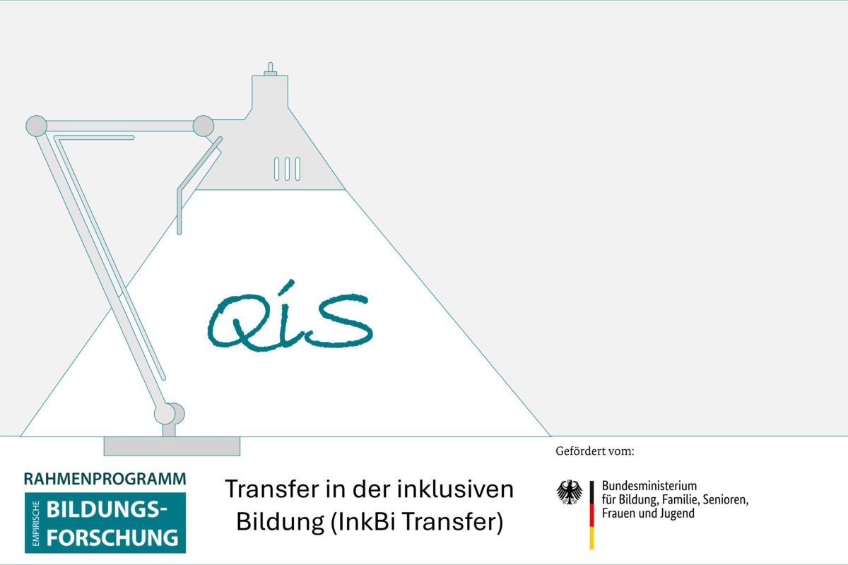 Im Schein einer stilisierten Schreibtischlampe ist das Logo "Qis" zu sehen. Darunter steht "Transfer in der inklusiven Bildung (InkBiTransfer)" und die Logos "Rahmenprogramm empirische Bildungsforschung" und "BMBFSFJ"
