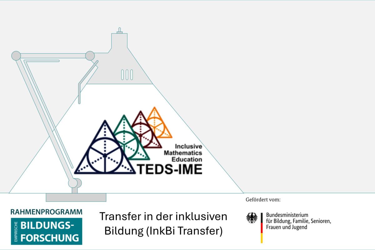 Im Schein einer stilisierten Schreibtischlampe ist das Logo "TEDS-IME" zu sehen. Darunter steht "Transfer in der inklusiven Bildung (InkBiTransfer)" und die Logos "Rahmenprogramm empirische Bildungsforschung" und "BMBFSFJ"