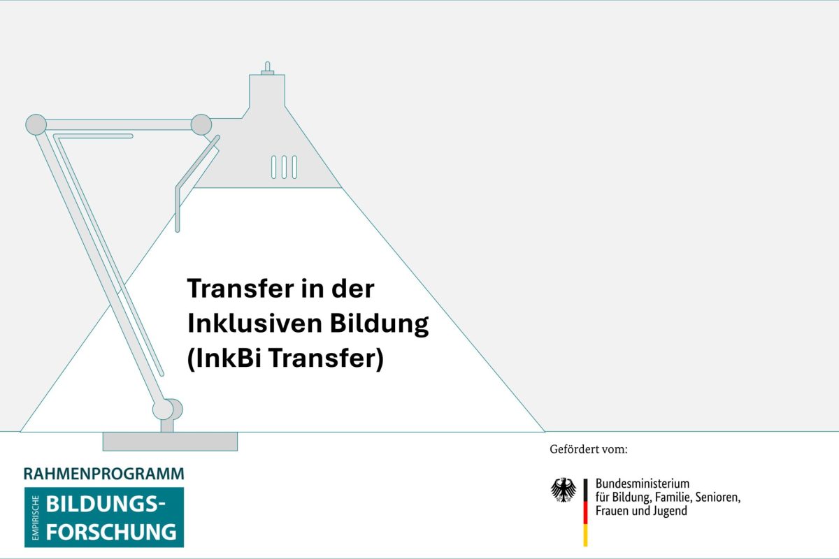 Im Schein einer stilisierten Schreibtischlampe steht "Transfer in der inklusiven Bildung (InkBiTransfer)". Logos "Rahmenprogramm empirische Bildungsforschung" und "BMBFSFJ"