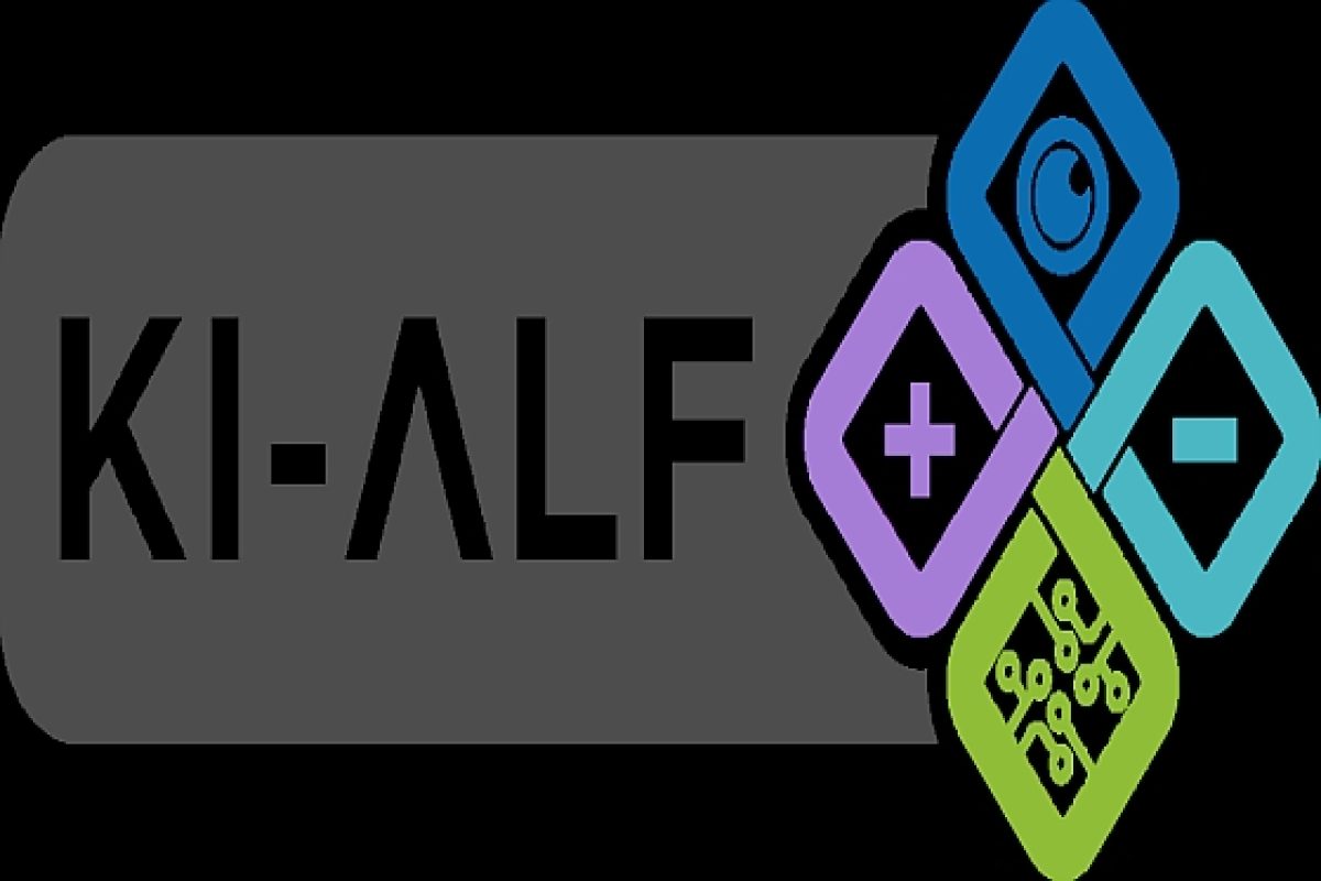 Die Grafik zeigt das Logo des Projekts "KI-ALF". Zu sehen sind weiße Großbuchstaben auf schwarzem Grund sowie bunte bunte rautenförmige Symbole rechts daneben.