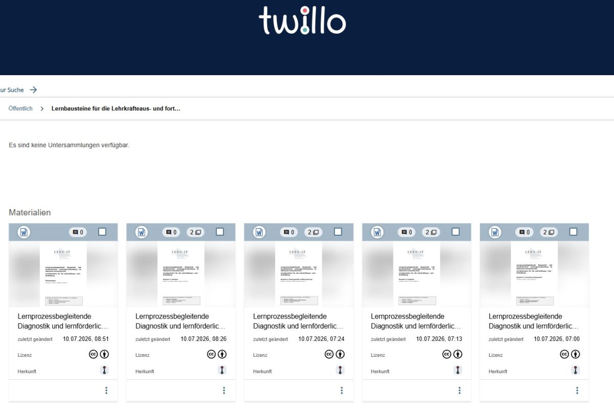 Screenshot der Twillo-Seite mit Materialien aus dem Projekt Lern-if