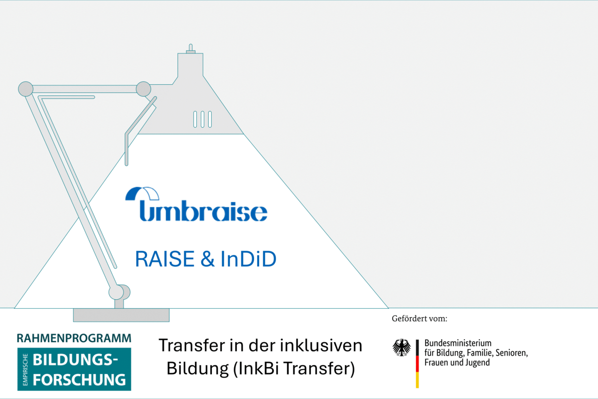 Im Schein einer stilisierten Schreibtischlampe sind die Logos "umbraise" und "raise & indid" zu sehen. Darunter steht "Transfer in der inklusiven Bildung (InkBiTransfer)" und die Logos "Rahmenprogramm empirische Bildungsforschung" und "BMBFSFJ"
